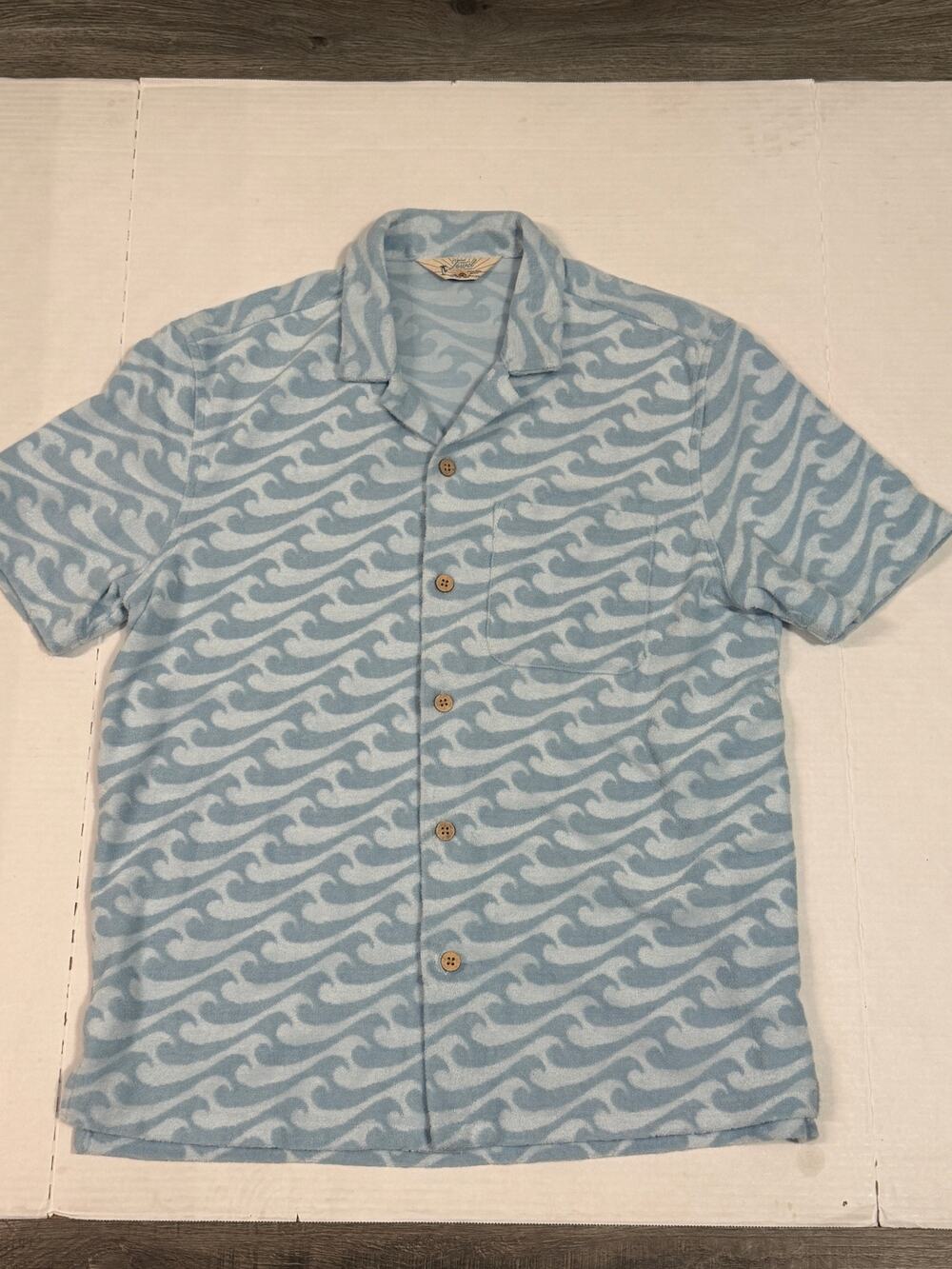Faherty Cabana Towel Terry Shirt Mens S Blue Wave Camp Collar Beach Resort